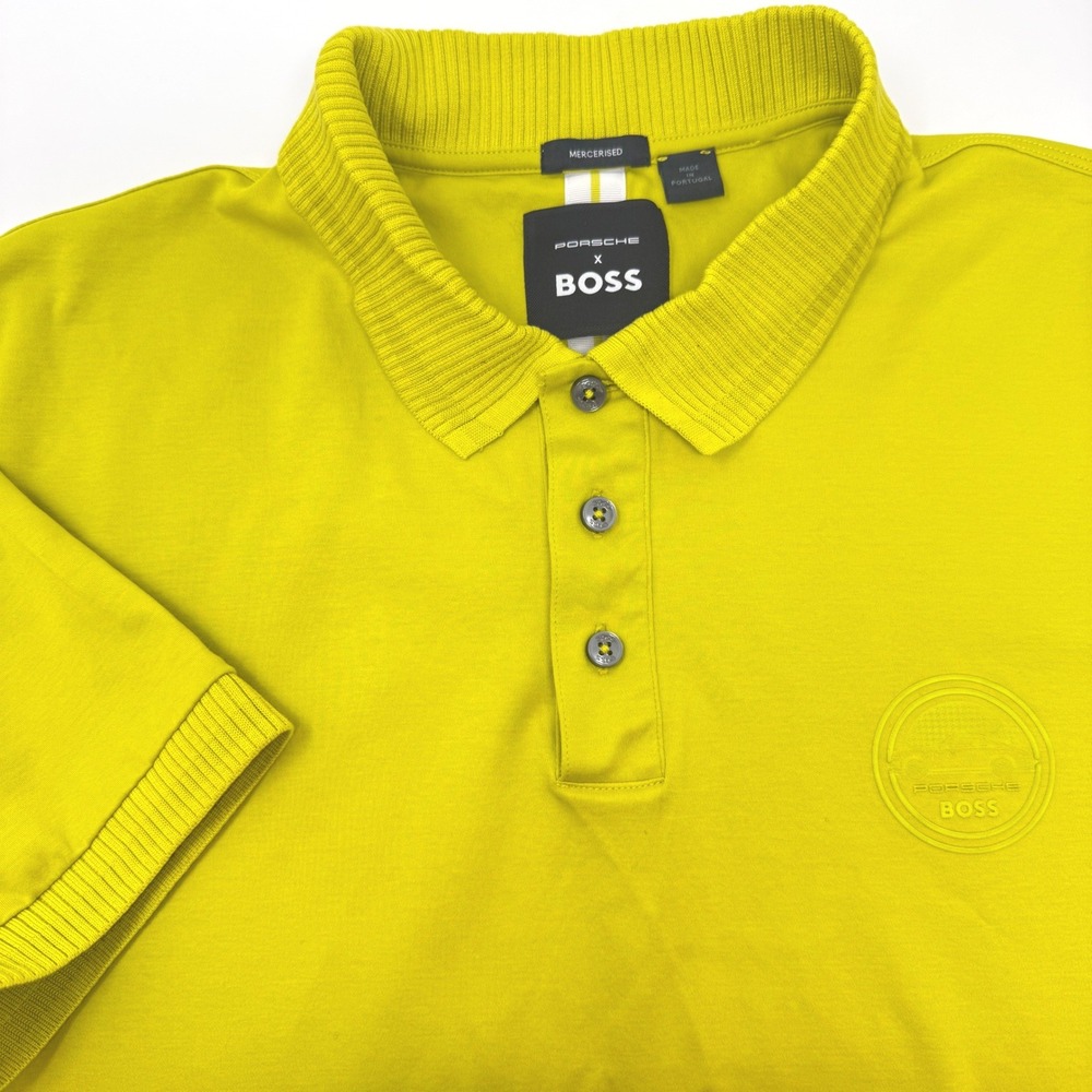Porsche x BOSS Mens Mercerized Cotton Polo Shirt Lime Yellow Made in Portugal